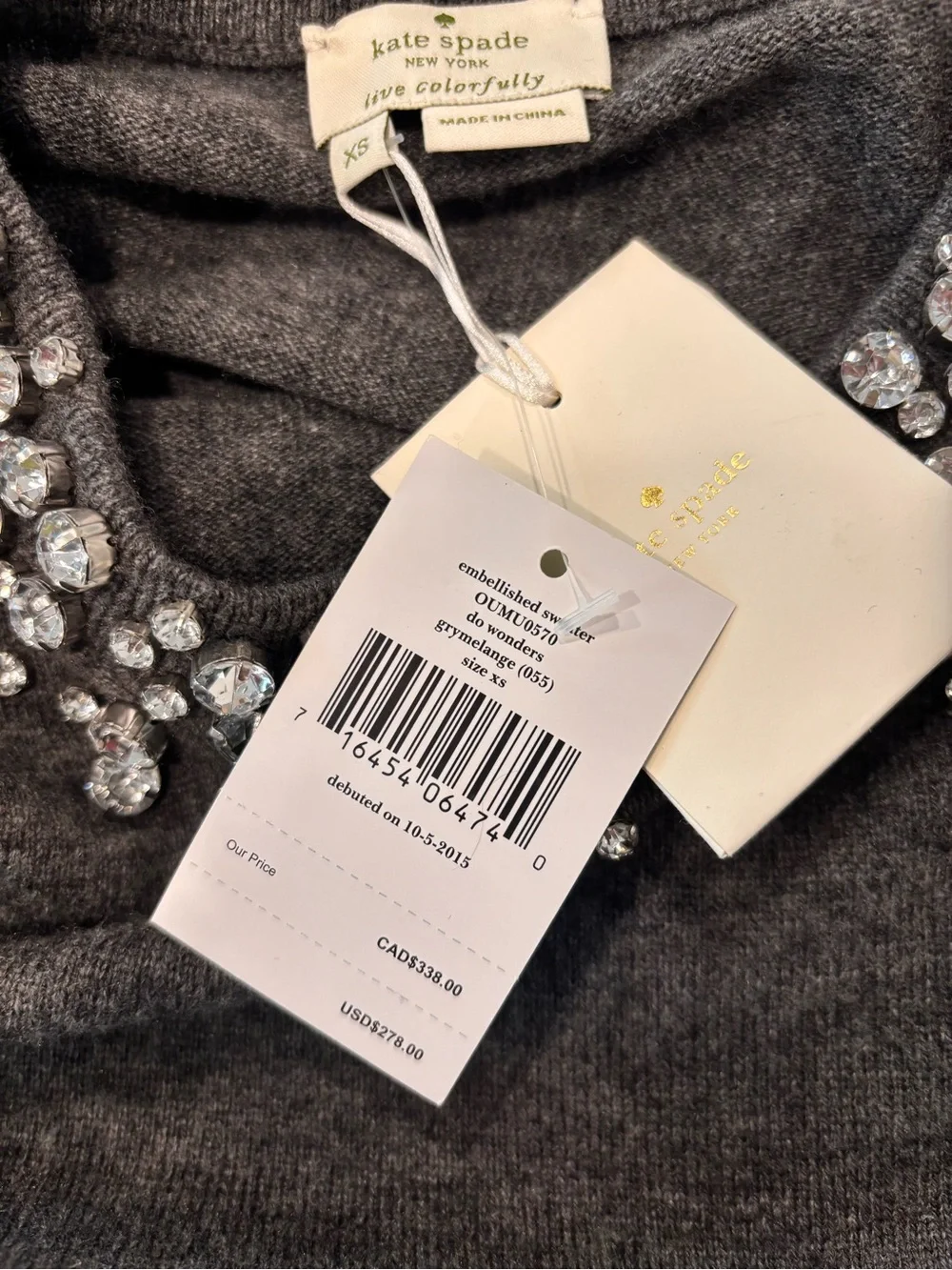 KATE SPADE NEW YORK gray embellished sweater size XS NWT
